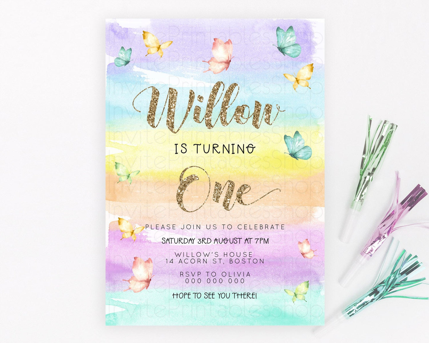 Pastel Butterfly Birthday Invitation Butterfly Birthday Invitation Colorful Splash Glitter Butterfly Garden 1st 2nd Birthday D23221