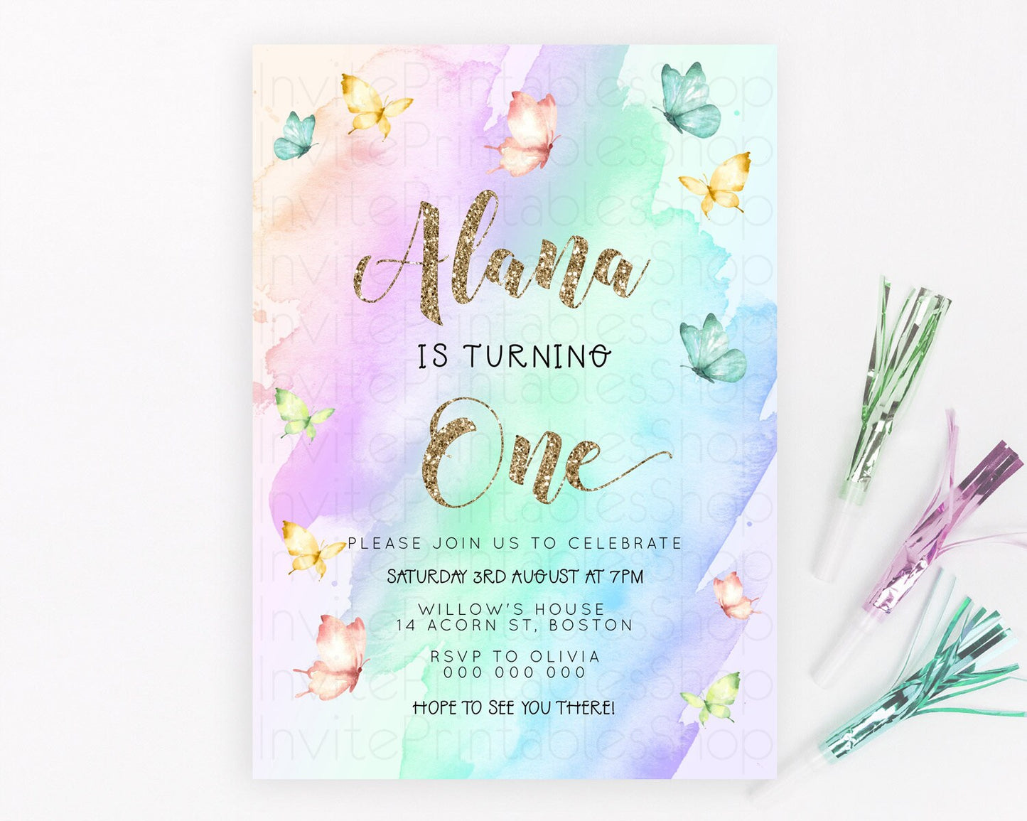 Pastel Butterfly Birthday Invitation Butterfly Birthday Invitation Colorful Splash Glitter Butterfly Garden 1st 2nd Birthday D23237