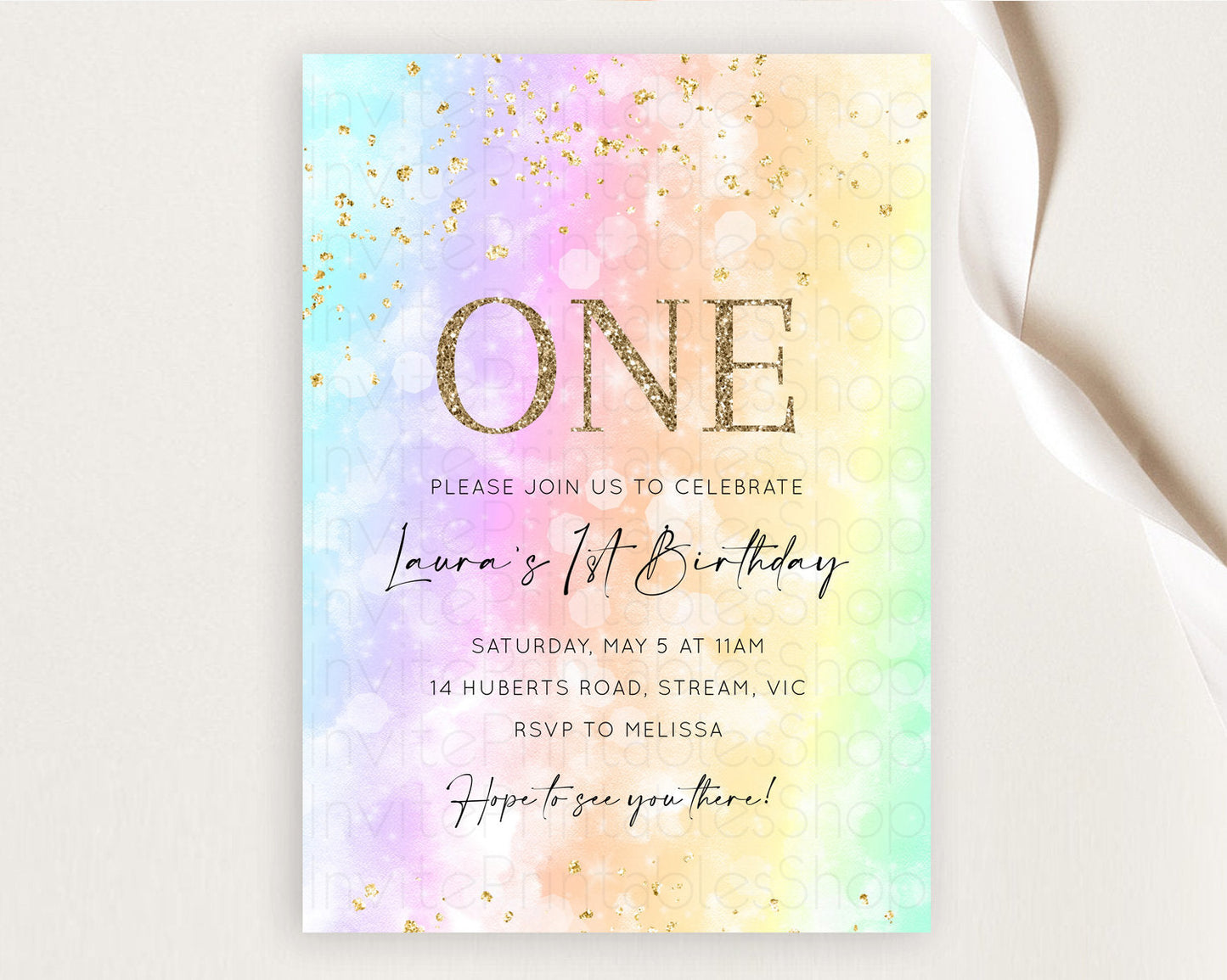 Rainbow Birthday Invitation Colorful Pastel Watercolor Invitation Gold Glitter Sprinkles Ombre Pastel 1st 2nd 3rd Birthday D10647