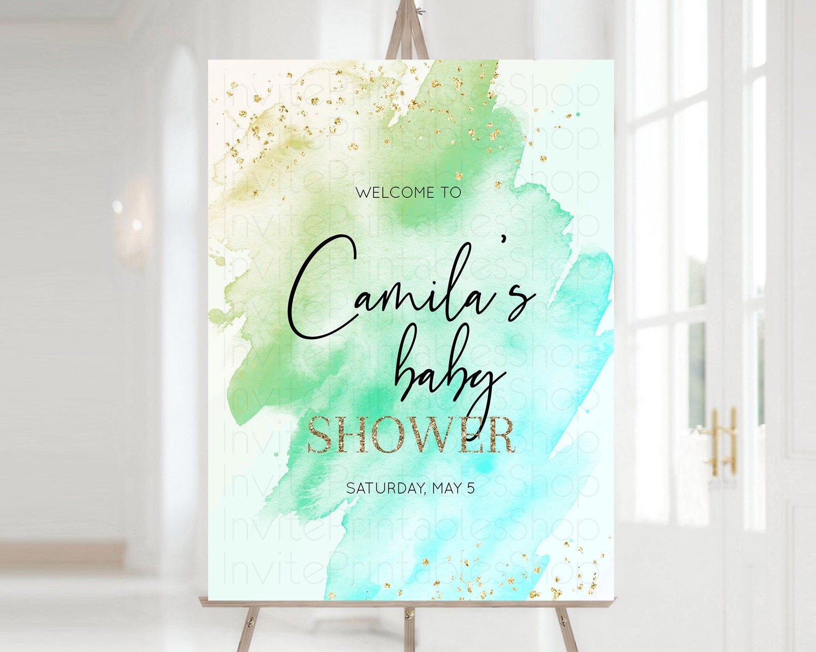 Editable Green Baby Shower Welcome Sign Green Watercolor Welcome Board Paste