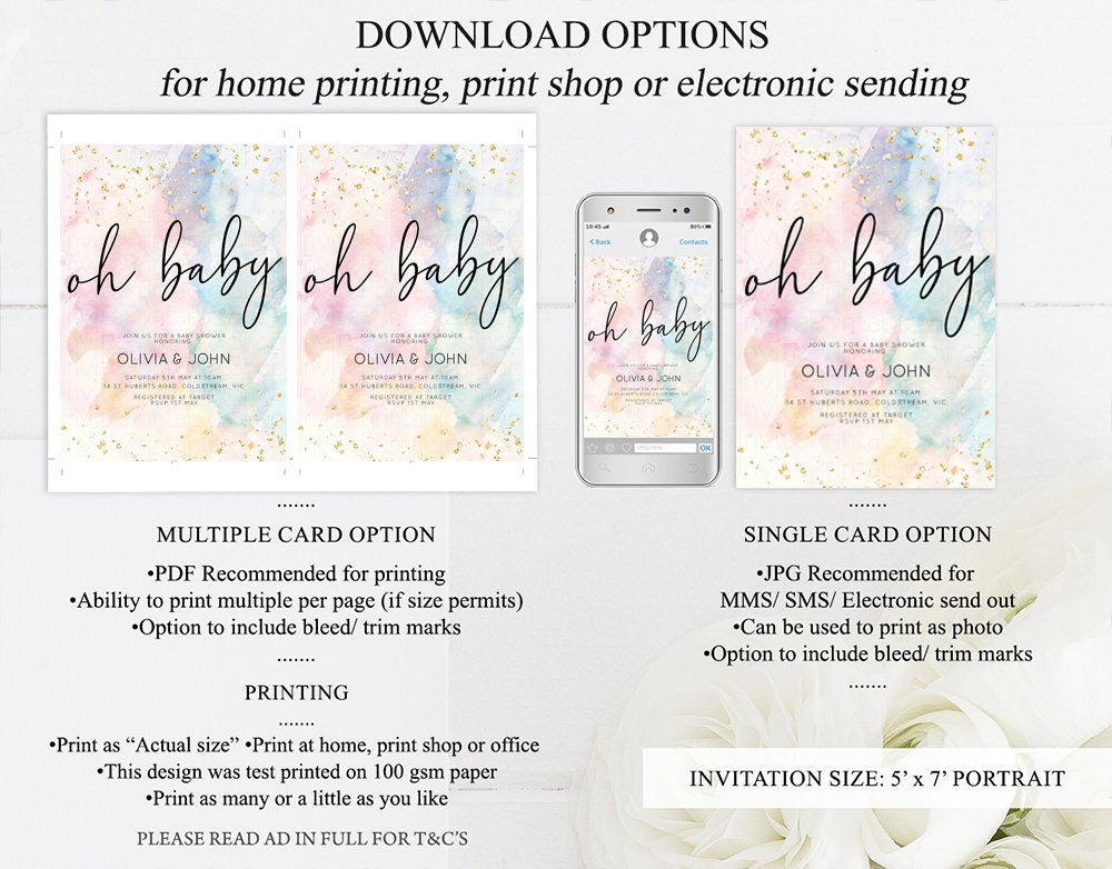Rainbow Baby Shower Invitation Pastel Watercolor Invitation Colorful Splash Gold Splatter Glitter Foil Sprinkles Confetti Editable