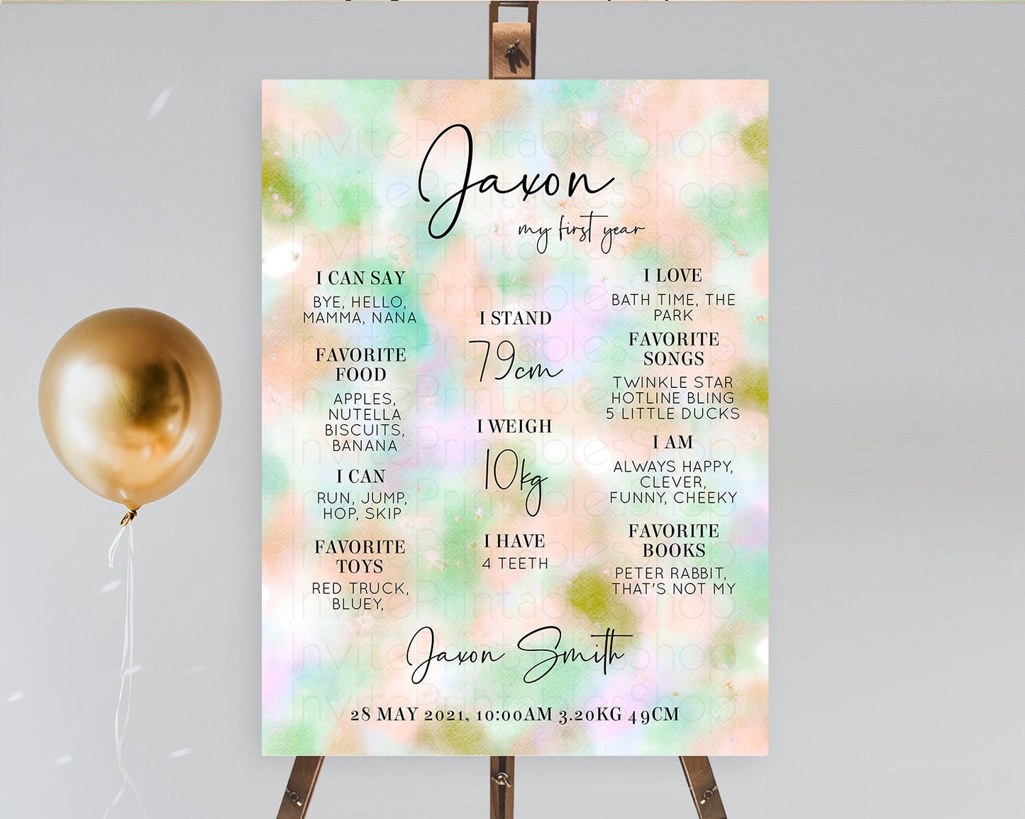Pastel First Birthday Milestone Board Pastel Rainbow Milestone Poster Colorful Confetti Watercolor Glitter 1st Birthday Welcome Sign D10693