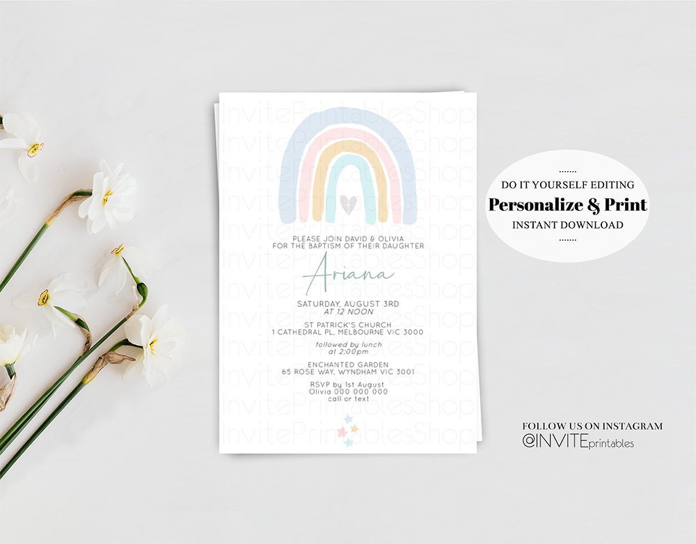 Rainbow Baptism Invitation Pastel Watercolor Christening Invitation Stars Colorful Splash Gold Foil Pastel Color Communion Orthodox Cross