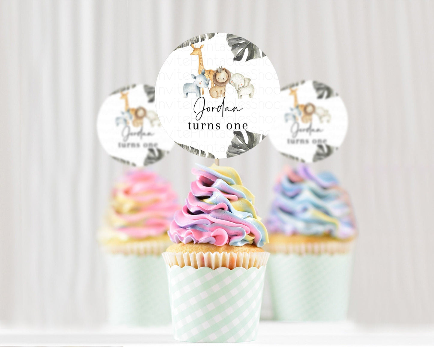 Safari Cupcake Toppers Lion Gorilla Elephant Rhino Tropical Palm Decor Jungle Safari Adventure Zoo Cupcake Topper First Birthday D10599