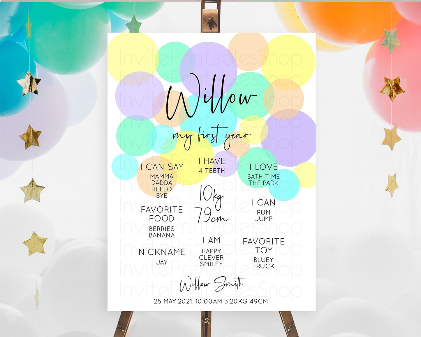 Pastel First Birthday Milestone Poster Pastel Rainbow Confetti First Birthday Milestone Board Colorful Bubbles Birthday Welcome Sign D10412