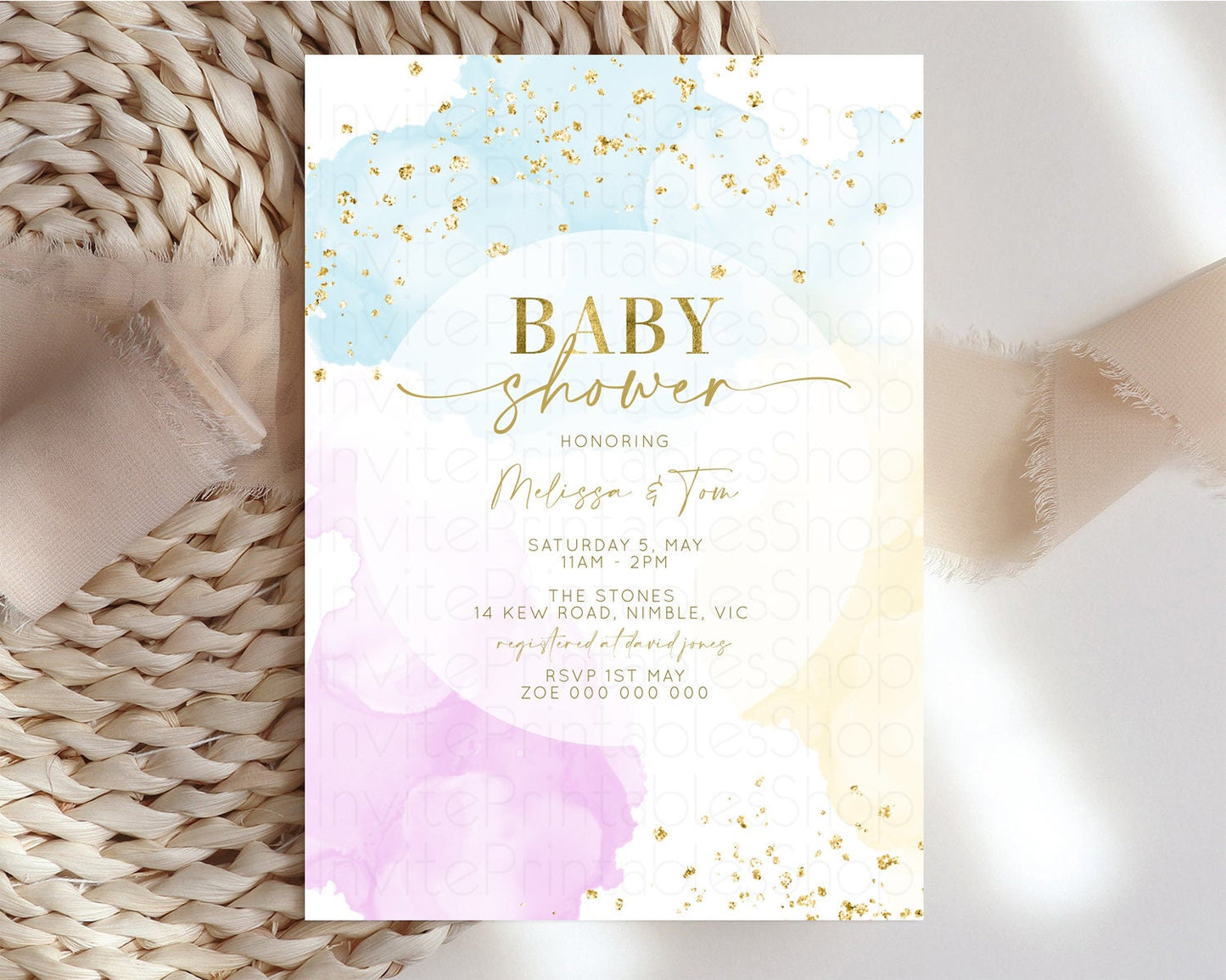 Rainbow Baby Shower Invitation Pastel Colors Invitation Watercolor Splash Baby Shower Gold Splatter Glitter Sprinkles Confetti Neutral 190V2