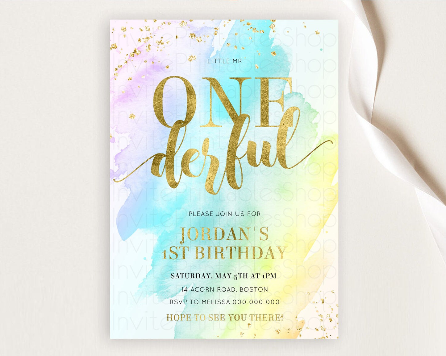 ONEderful Rainbow Birthday Invitation Colorful Pastel Watercolor Invitation Gold Glitter Sprinkles Ombre Pastel 1st Birthday D11026