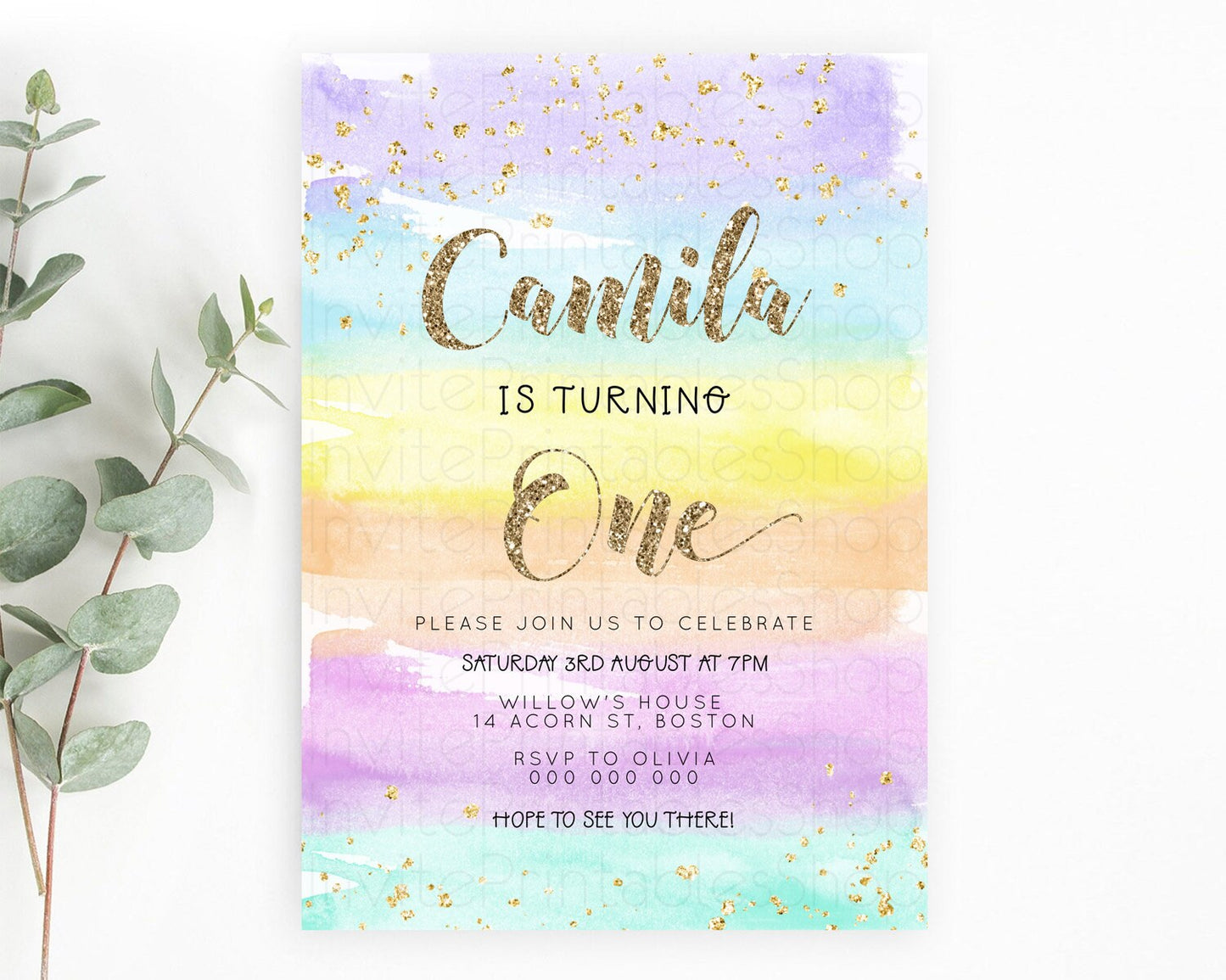 Rainbow Birthday Invitation Colorful Pastel Watercolor Invitation Gold Glitter Sprinkles Ombre Pastel 1st 2nd 3rd Birthday D23268