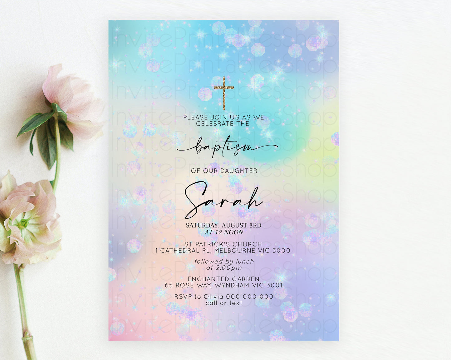 Editable Rainbow Baptism Invitation Colorful Pastel Watercolor Baptism 1st B