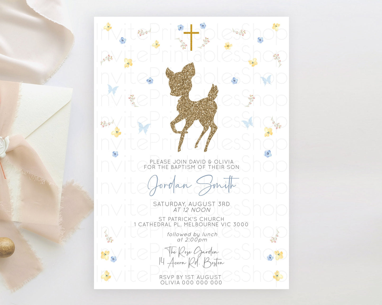 Fawn Baptism Invitation Deer Baptism 1st Birthday Invitation Enchanted Forest Christening Invitation Pastel Garden Butterfly Floral D10360