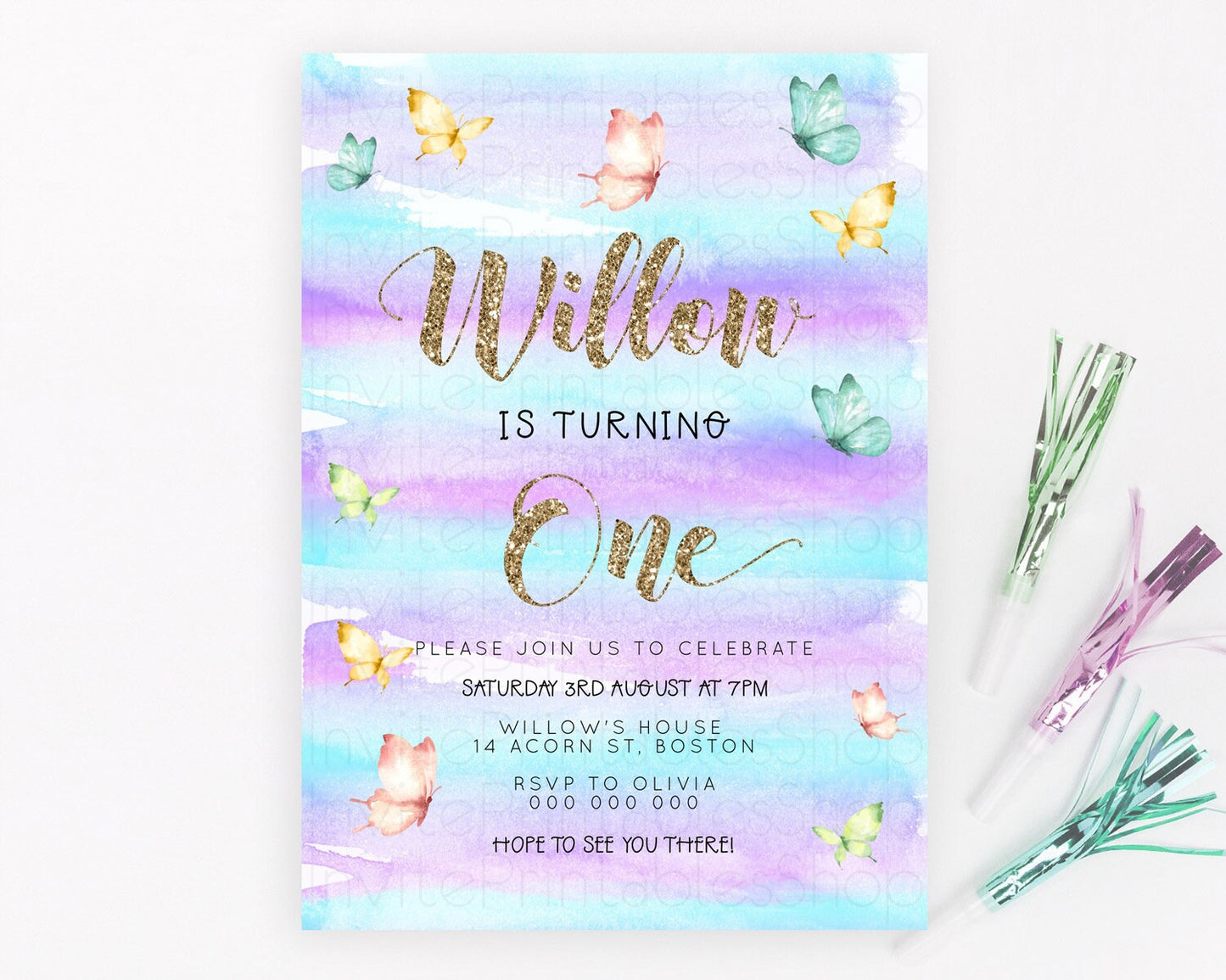 Pastel Butterfly Birthday Invitation Butterfly Birthday Invitation Colorful Splash Glitter Butterfly Garden 1st 2nd Birthday D23217