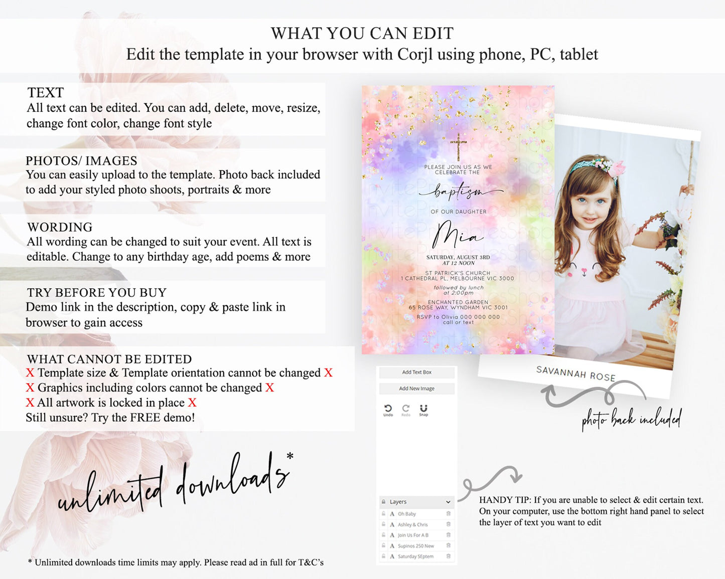 Pastel Baptism Invitation Pastel Colors Watercolor Baptism 1st Birthday Party Gold Ombre Pastel Rainbow Christening Holy Communion D10610