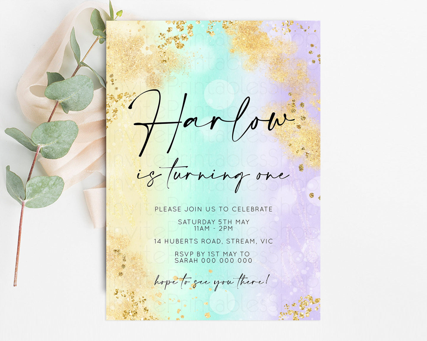 Rainbow Birthday Invitation Pastel Birthday Invite Ombre Watercolor Invite Enchanted Theme Colorful Splash Glitter Sprinkles 1st 2nd 3rd