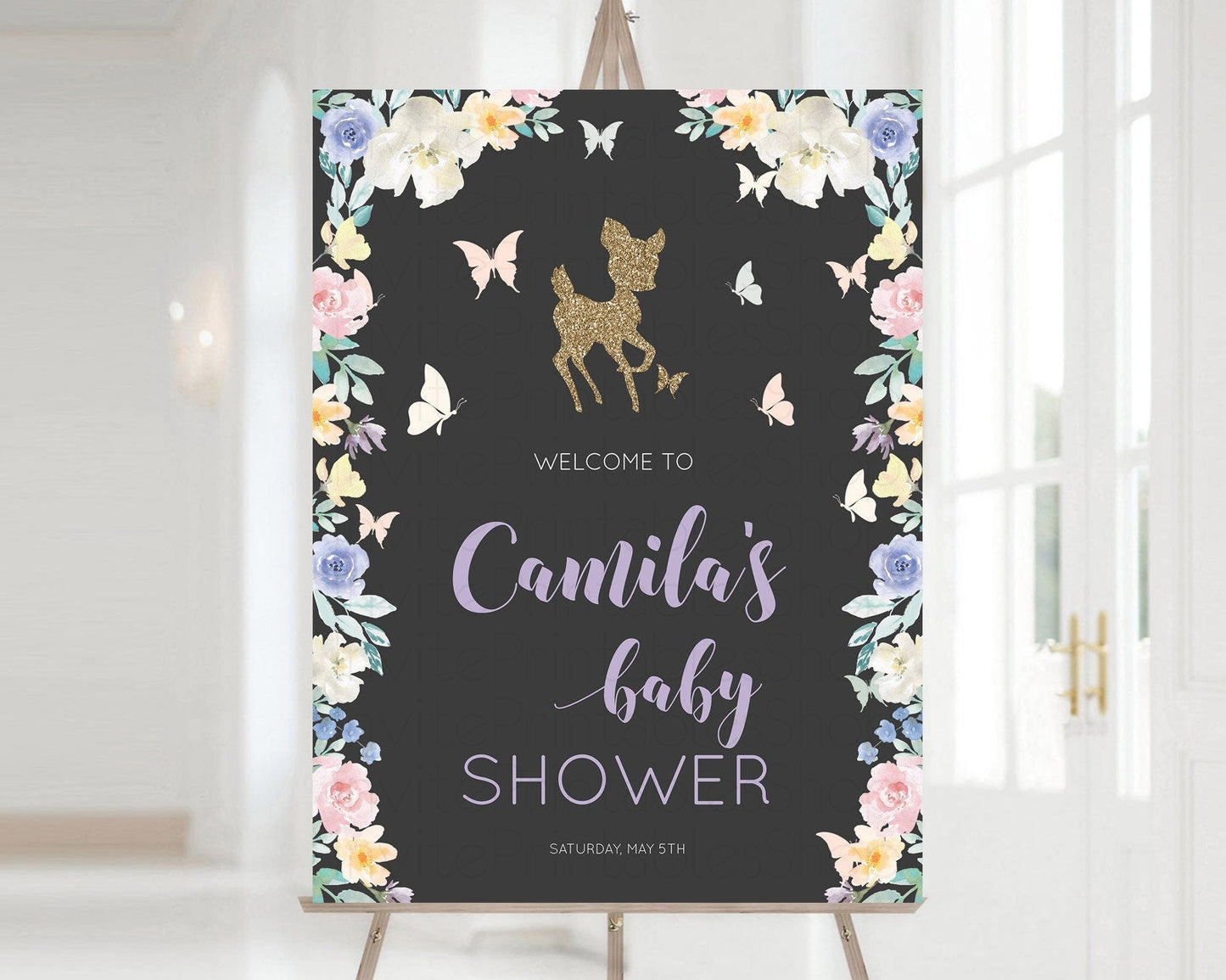 Fawn Baby Shower Welcome Sign Deer Welcome Board Floral Deer Welcome Poster Enchanted Forest Butterfly Pastel Floral Welcome Sign D10880