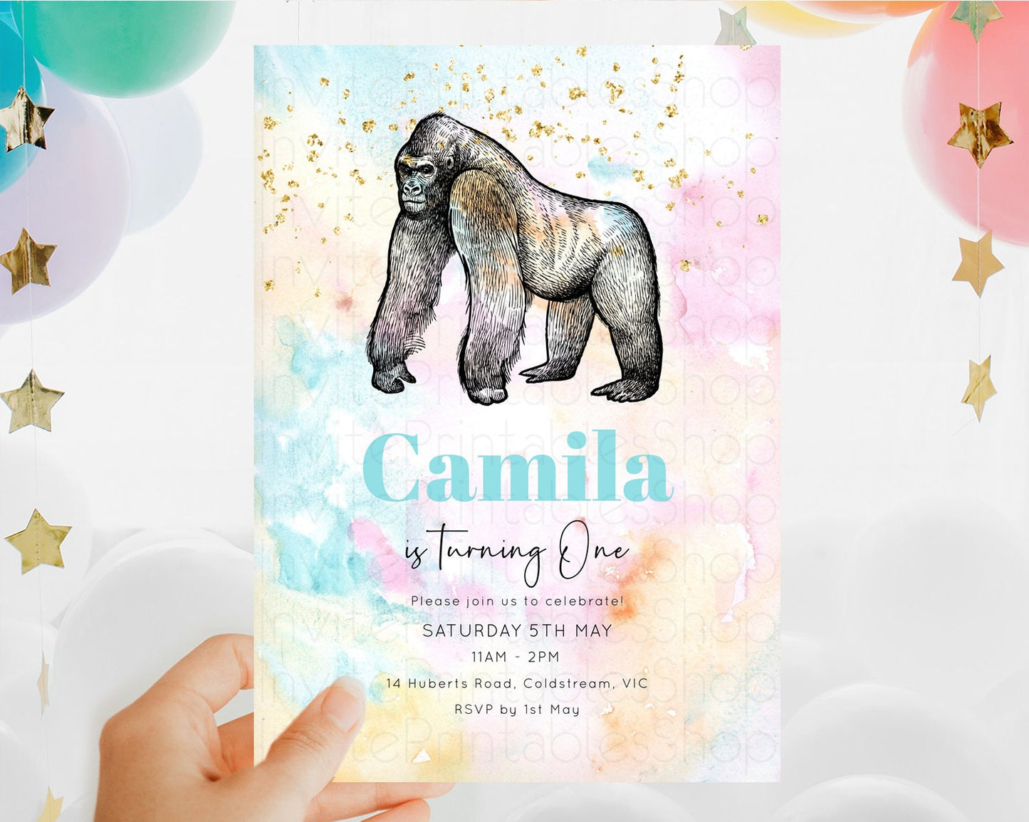 Pastel Gorilla Birthday Invitation Pastel Gorilla Invitation Rainbow Gorilla Invitation Pastel Watercolor Invite Safari Zoo Glitter D10284