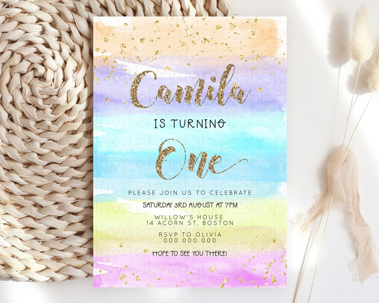 Rainbow Birthday Invitation Colorful Pastel Watercolor Invitation Gold Glitter Sprinkles Ombre Pastel 1st 2nd 3rd Birthday D23271