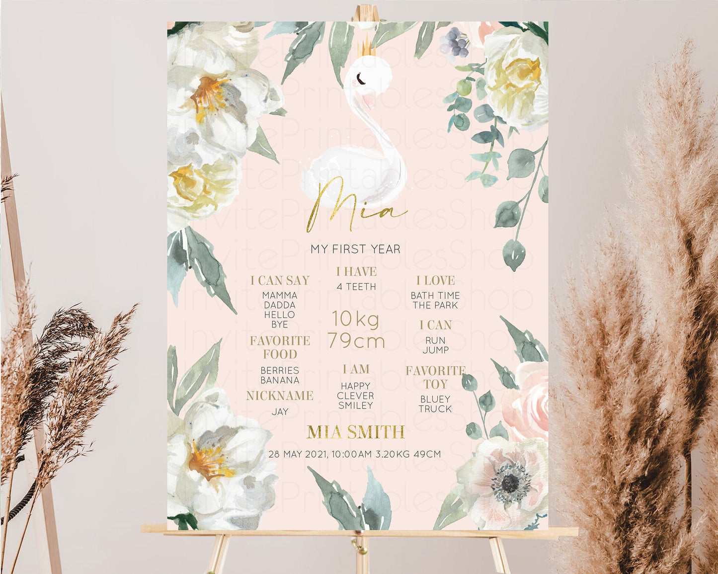 Swan Milestone Board Floral First Birthday Enchanted Garden Milestone Sign Pastel 1st birthday Milestone Poster Glitter Baby Keepsake s102