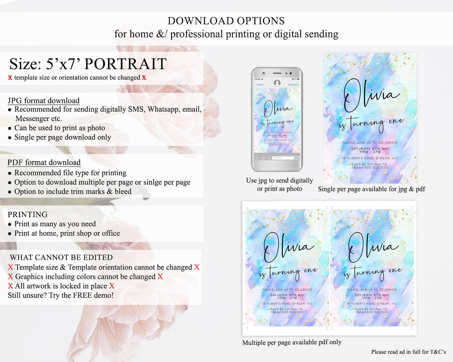 Pastel Birthday Invitation Ombre Watercolor Birthday Invitation Glitter Rainbow Color Splash 1st 2nd 3rd Birthday Invitation D23061