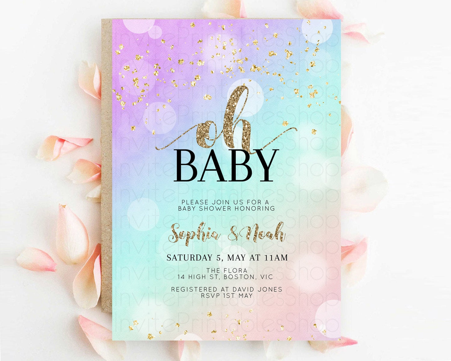 Pastel Baby Shower Invitation Rainbow Baby Shower Invitation Colorful Pastel Watercolor Invitation Gold Glitter Sprinkles Ombre D10621