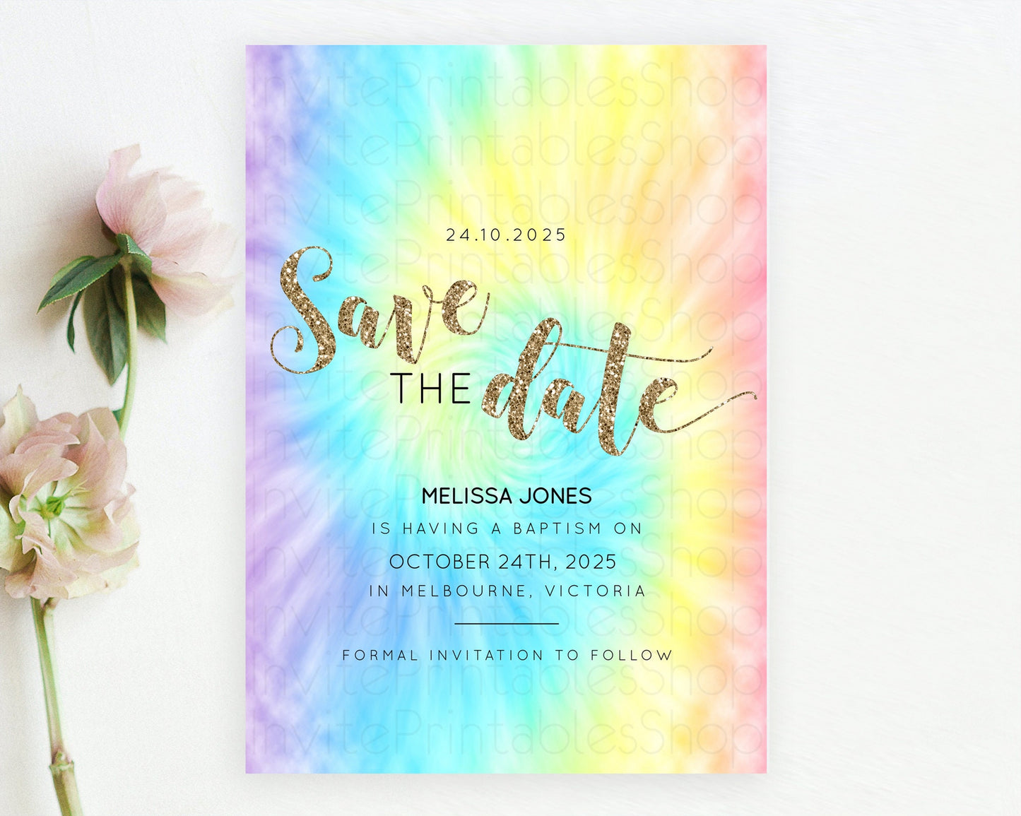 Tie Dye Save The Date Template Rainbow Pastel Ombre Watercolor Party For 1st Birthday Baptism Baby Shower Bridal Shower Wedding D10580