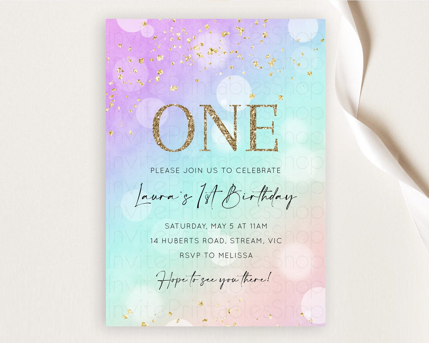 Rainbow Birthday Invitation Colorful Pastel Watercolor Invitation Gold Glitter Sprinkles Ombre Pastel 1st 2nd 3rd Birthday D10618