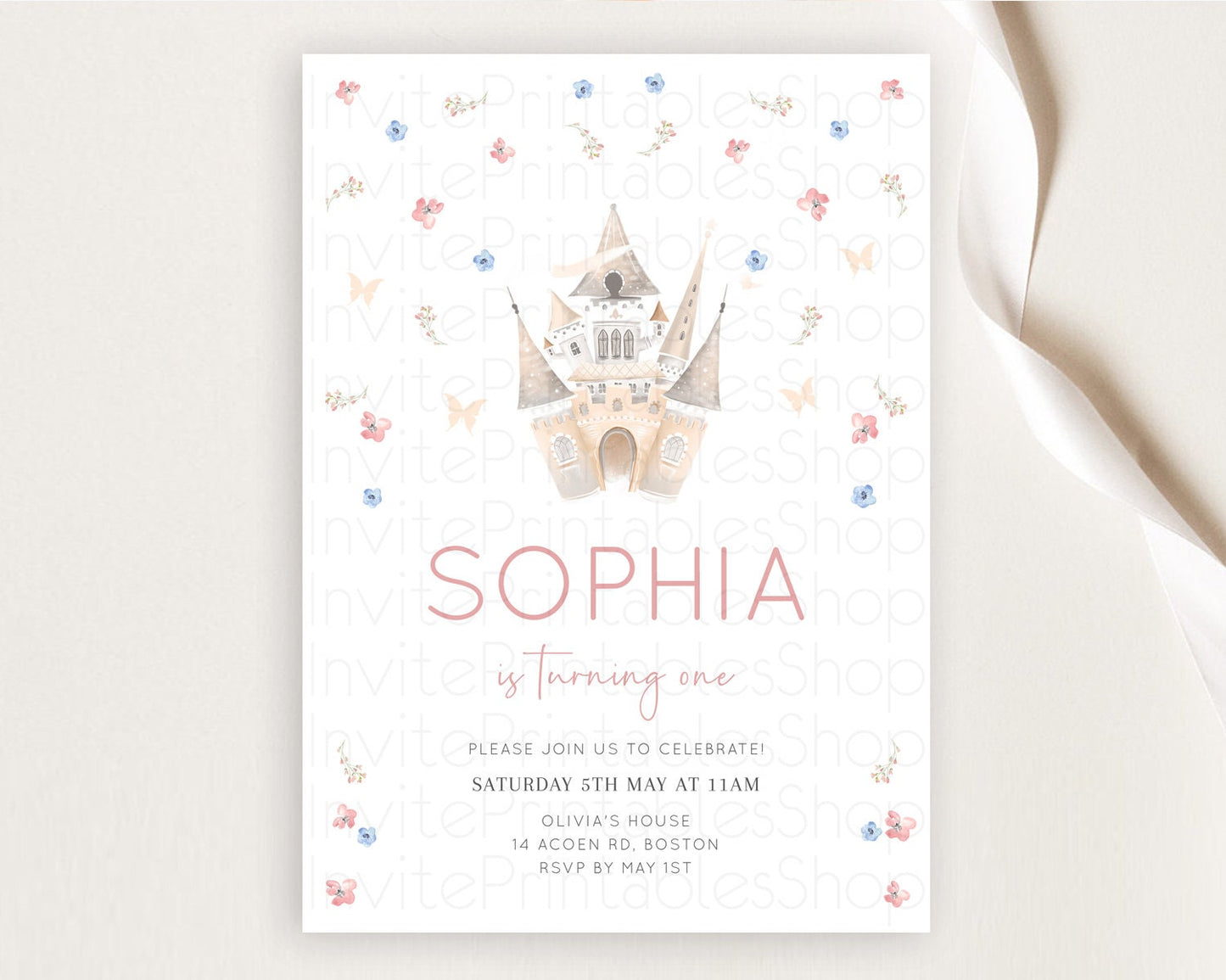 Princess Birthday Invitation Castle Invitation Royal Birthday Fairy Tale Enchanted Castle Pastel Floral Garden 1st First Birthday D10364