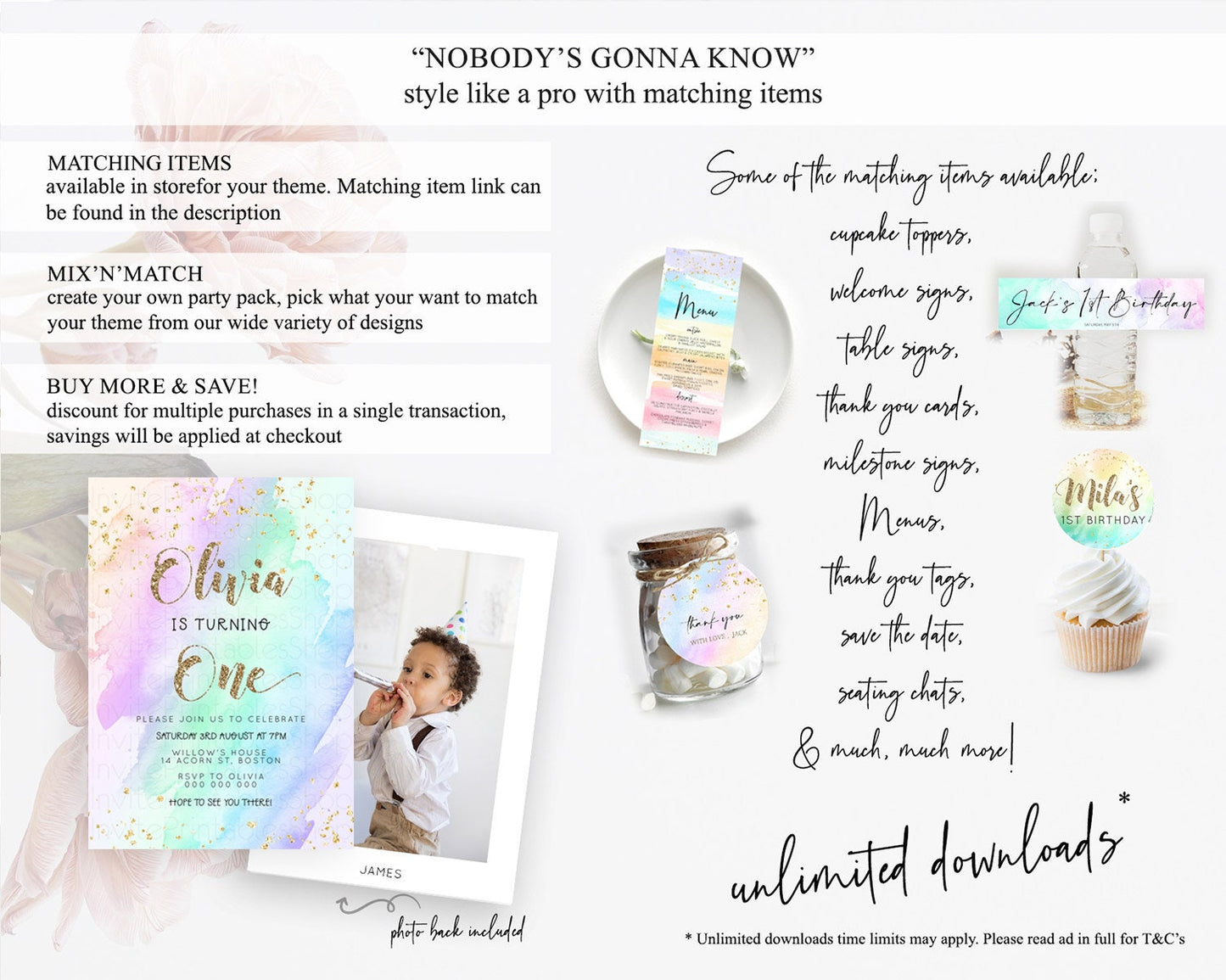 Rainbow Birthday Invitation Colorful Pastel Watercolor Invitation Gold Glitter Sprinkles Ombre Pastel 1st 2nd 3rd Birthday D23284