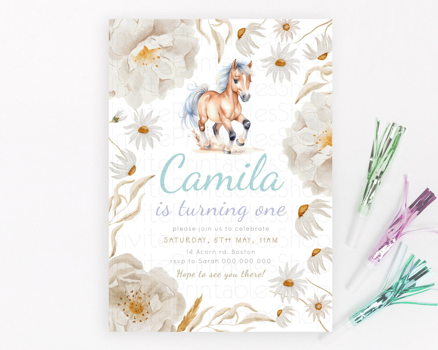 Horse Birthday Invitation, Galloping Wildflower Fields, Pastel Flowers, Butterflies, Flowers Accents for Equestrian & Cowgirls d23378