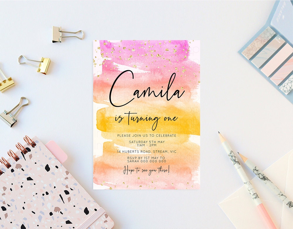 Pastel Birthday Invitation Pink Pastel Birthday Invitation Tropical Sunset Watercolor Invite Ombre Invitation Gold Glitter Sprinkles Invite