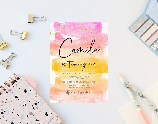 Pastel Birthday Invitation Pink Pastel Birthday Invitation Tropical Sunset Watercolor Invite Ombre Invitation Gold Glitter Sprinkles Invite