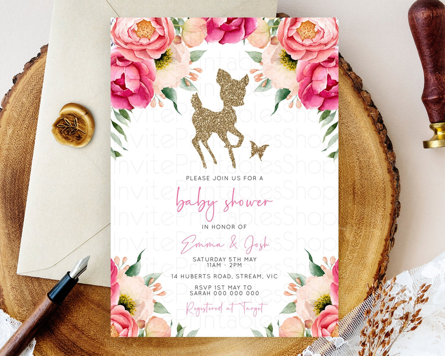 Fawn Baby Shower Invitation Deer Baby Shower Invites Enchanted Forest Theme Butterfly Pastel Flowers Whimsical Baby Shower D10326