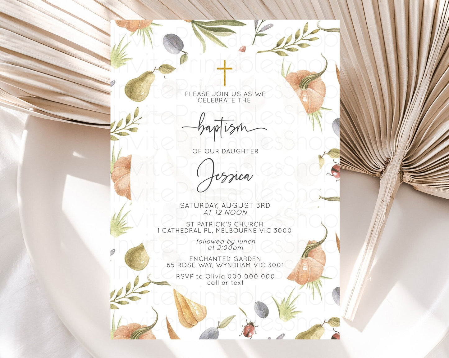 Pumpkin Baptism Invitation Pear Ladybug Plum Ladybug Baptism 1st Birthday Invitation Country Garden Holy Communion Theme D10543