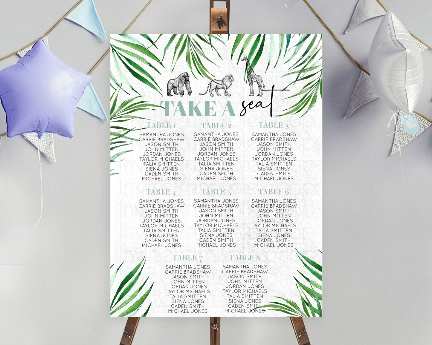 Safari Seating Chart Lion Gorilla Elephant Rhino Tropical Palm Decor Jungle Safari Adventure Zoo Take A Seat Sign D10853