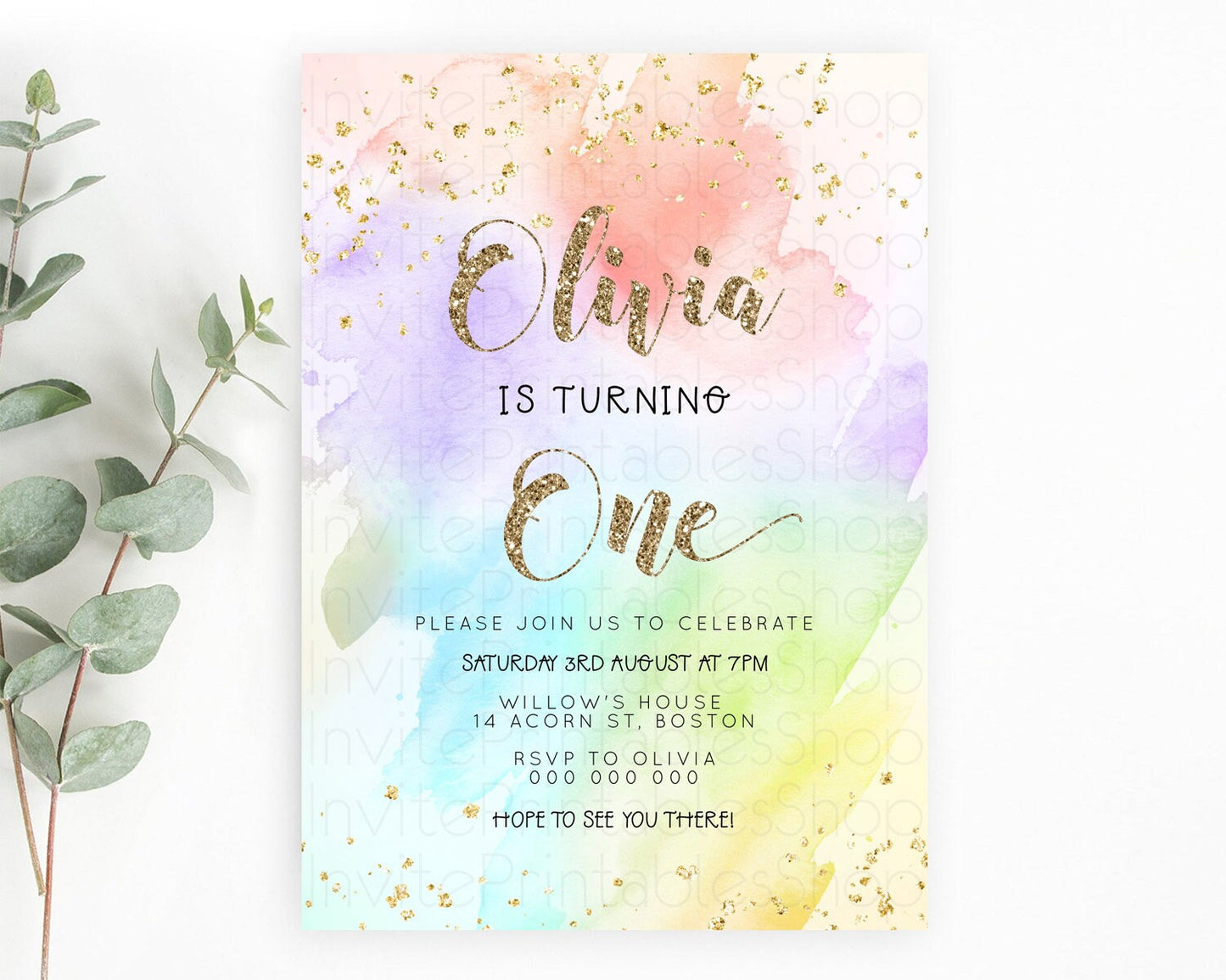 Rainbow Birthday Invitation Colorful Pastel Watercolor Invitation Gold Glitter Sprinkles Ombre Pastel 1st 2nd 3rd Birthday D23302