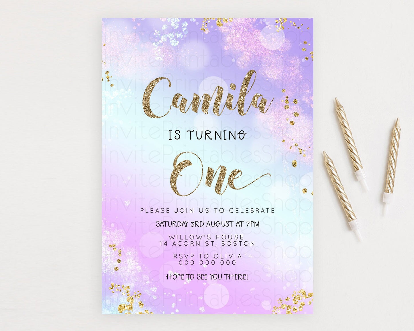 Rainbow Birthday Invitation Colorful Pastel Watercolor Invitation Gold Glitter Sprinkles Ombre Pastel 1st 2nd 3rd Birthday D23130