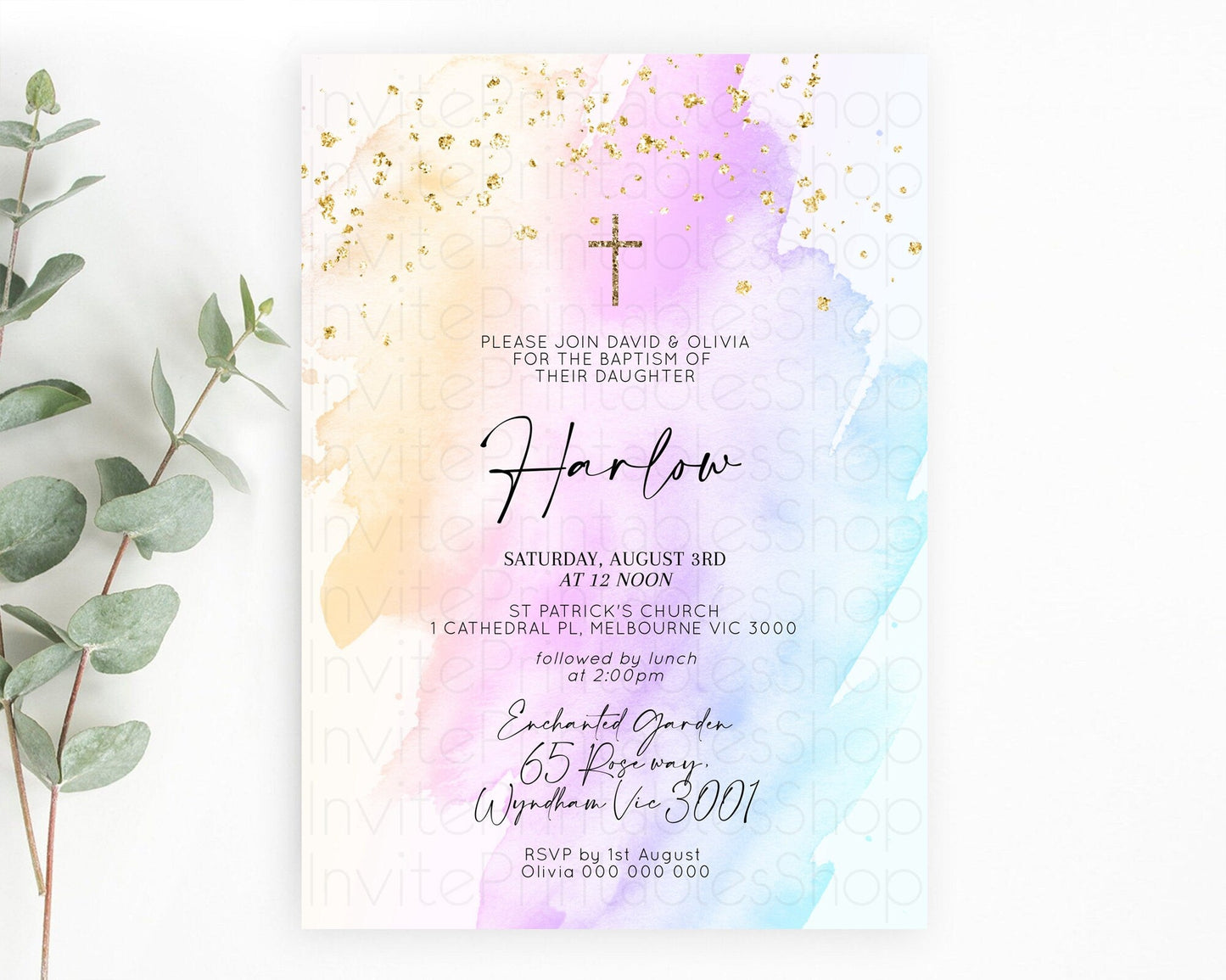 Pastel Baptism Invitation Pastel Colors Watercolor Baptism 1st Birthday Party Gold Ombre Pastel Rainbow Christening Holy Communion D10175