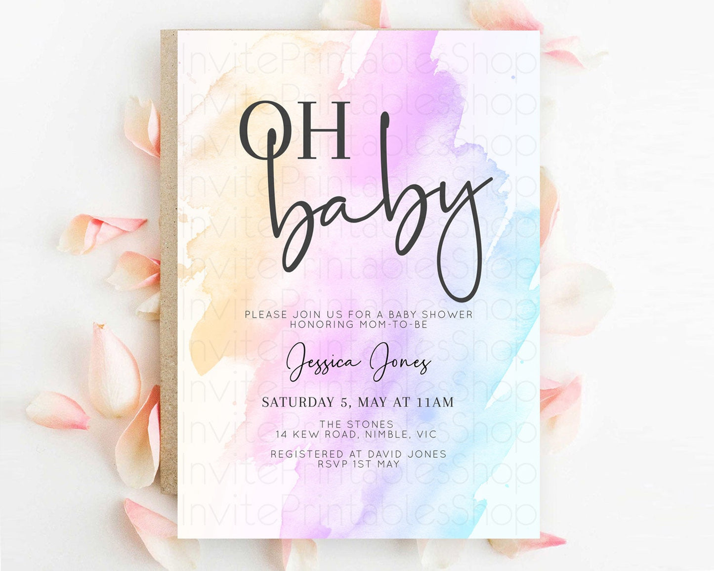 Pastel Baby Shower Invitation Rainbow Baby Shower Invitation Colorful Pastel Watercolor Invitation Gold Glitter Sprinkles Ombre D10177