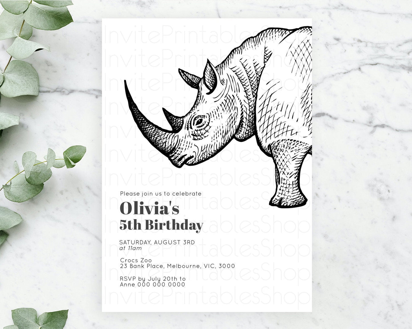 Rhino Birthday Invitation Rhino Invitation Rhino Birthday Rhino Safari Adventure Invite Rhino Palm Leaf Invite Zoo Party D10253