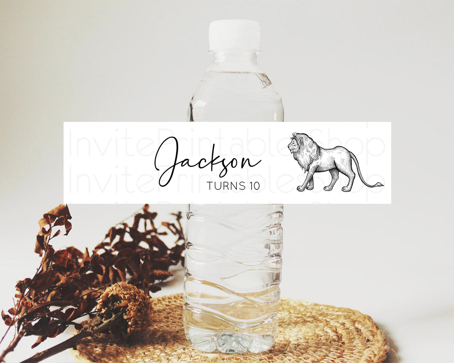 Lion Water Label Template Lion Safari Adventure Party Decor Dried Palm Ferns Zoo Birthday Baptism Baby Shower Bridal Shower Wedding D10246