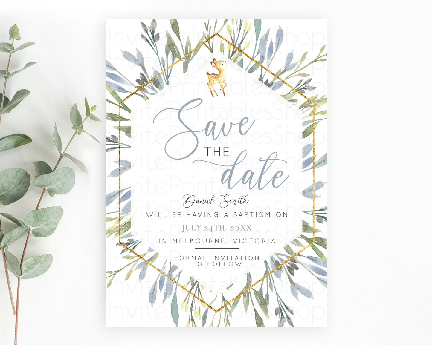 Fawn Deer Save The Date Template Pastel Floral Deer Enchanted Forest Butterfly Party 1st Birthday Baptism Baby Shower Bridal Shower D10400