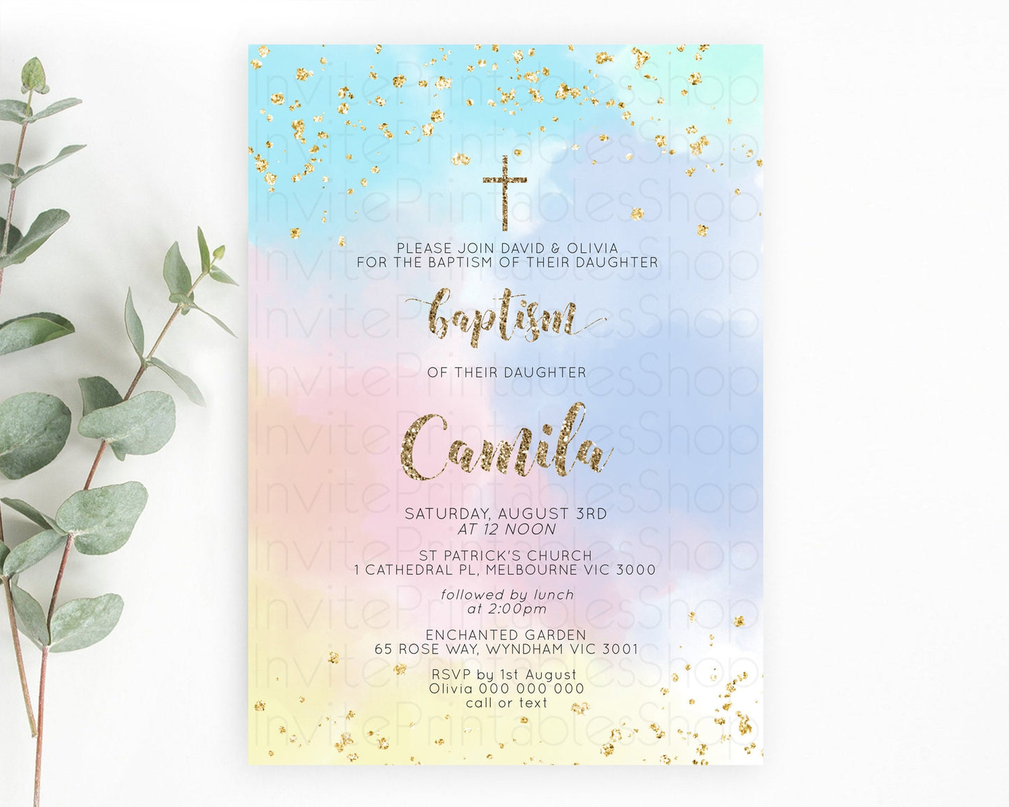 Pastel Baptism Invitation Pastel Colors Watercolor Baptism 1st Birthday Party Gold Ombre Pastel Rainbow Christening Holy Communion D10367