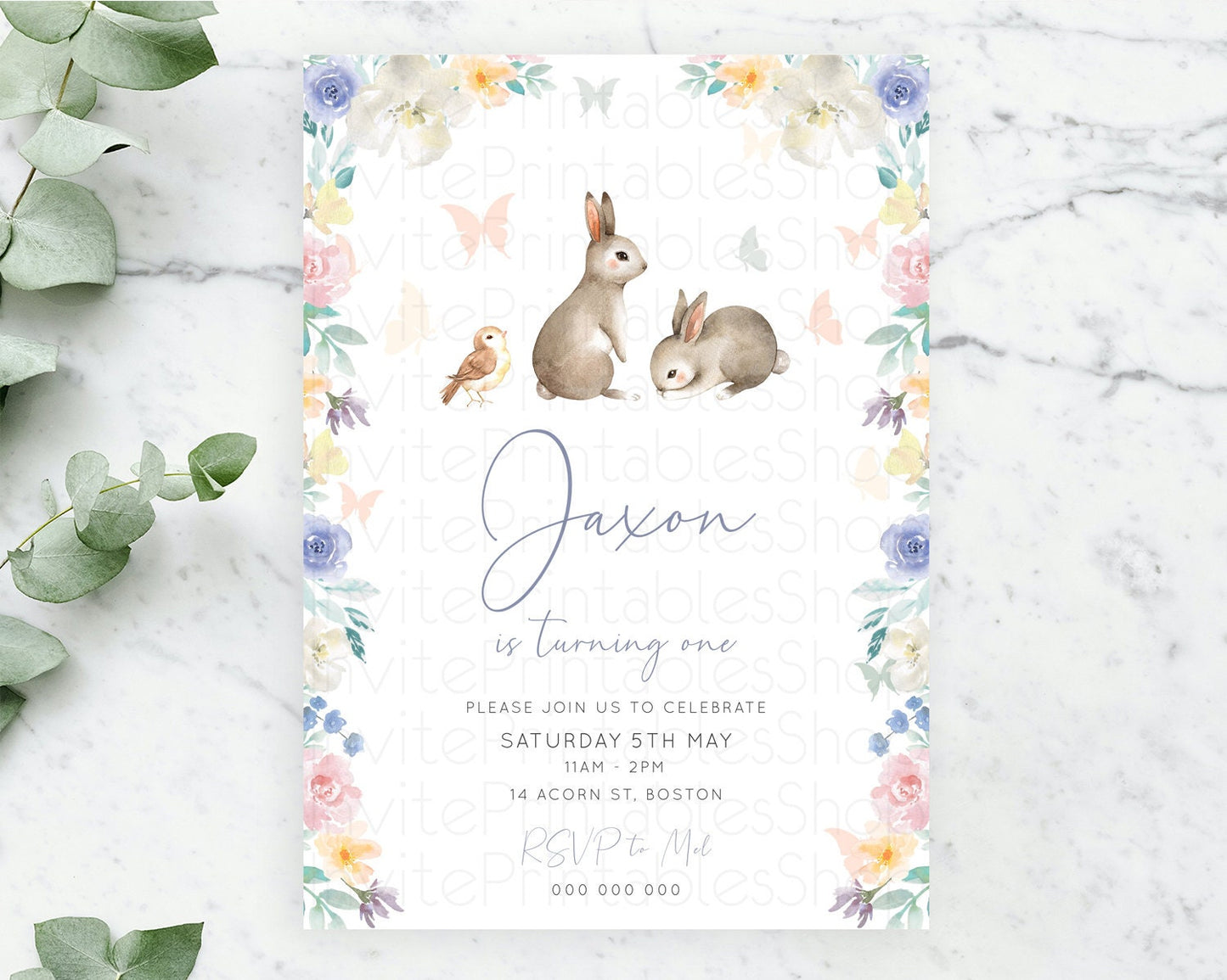 Bunny Birthday Invitation Floral Bunny Invitation Pastel Bunny Invites Pastel Watercolor Woodland Bunny Party 2nd 1st First Birthday D10928