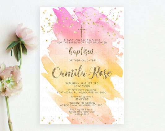 Pastel Baptism Invitation Pastel Colors Watercolor Baptism 1st Birthday Party Gold Ombre Pastel Rainbow Christening Holy Communion D10526