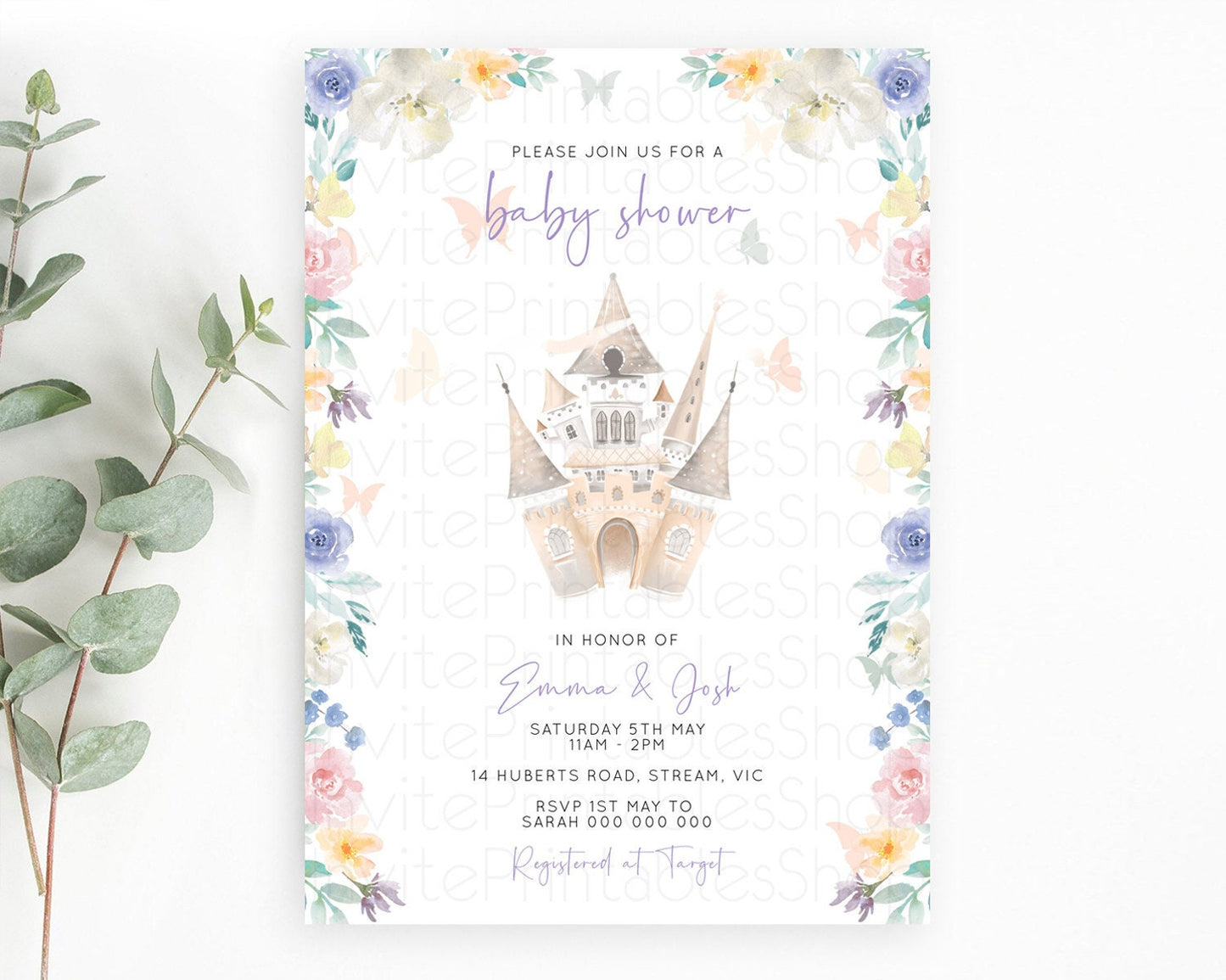 Pastel Princess Baby Shower Invitation Floral Castle Invitation Royal Baby Invite Enchanted Castle Pastel Flower Garden Baby Shower D10709