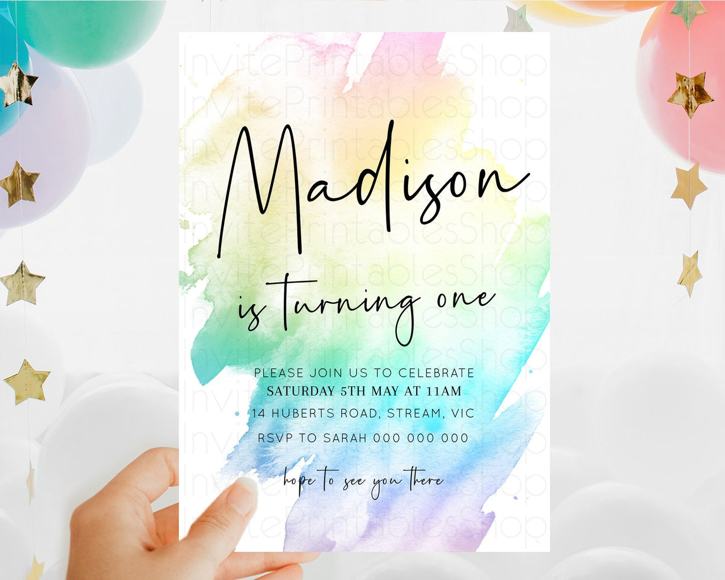 Rainbow Birthday Invitation Colorful Pastel Watercolor Invitation Gold Glitter Sprinkles Ombre Pastel 1st 2nd 3rd Birthday D10279