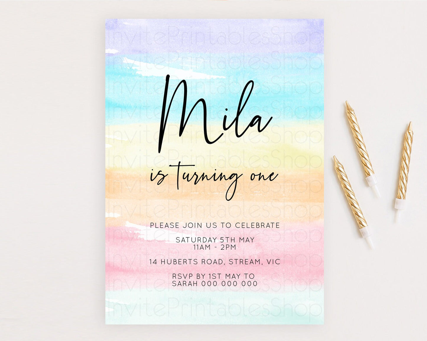 Rainbow Birthday Invitation Colorful Pastel Watercolor Invitation Gold Glitter Sprinkles Ombre Pastel 1st 2nd 3rd Birthday D10505