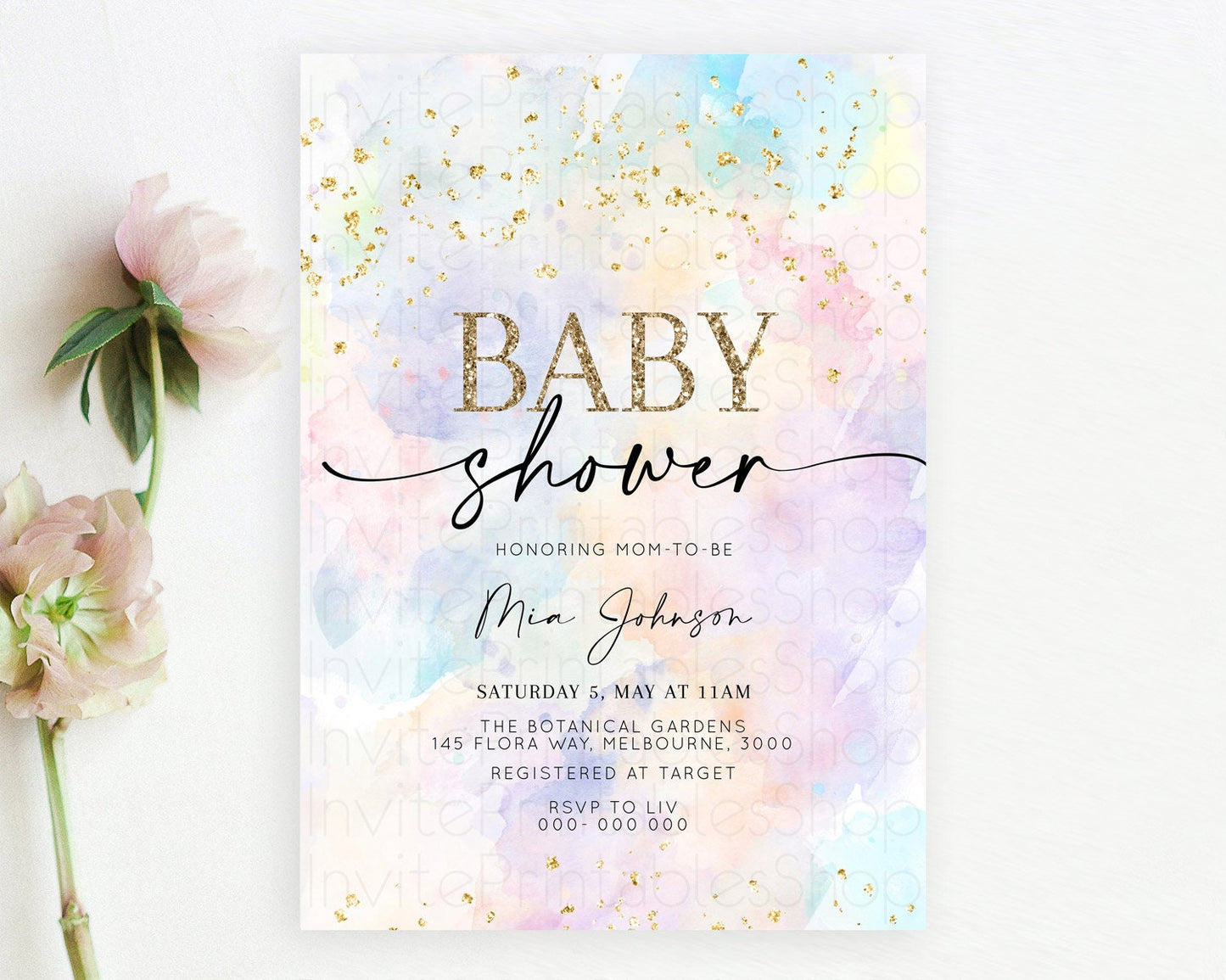 Pastel Baby Shower Invitation Rainbow Baby Shower Invitation Colorful Pastel Watercolor Invitation Gold Glitter Sprinkles Ombre D10605