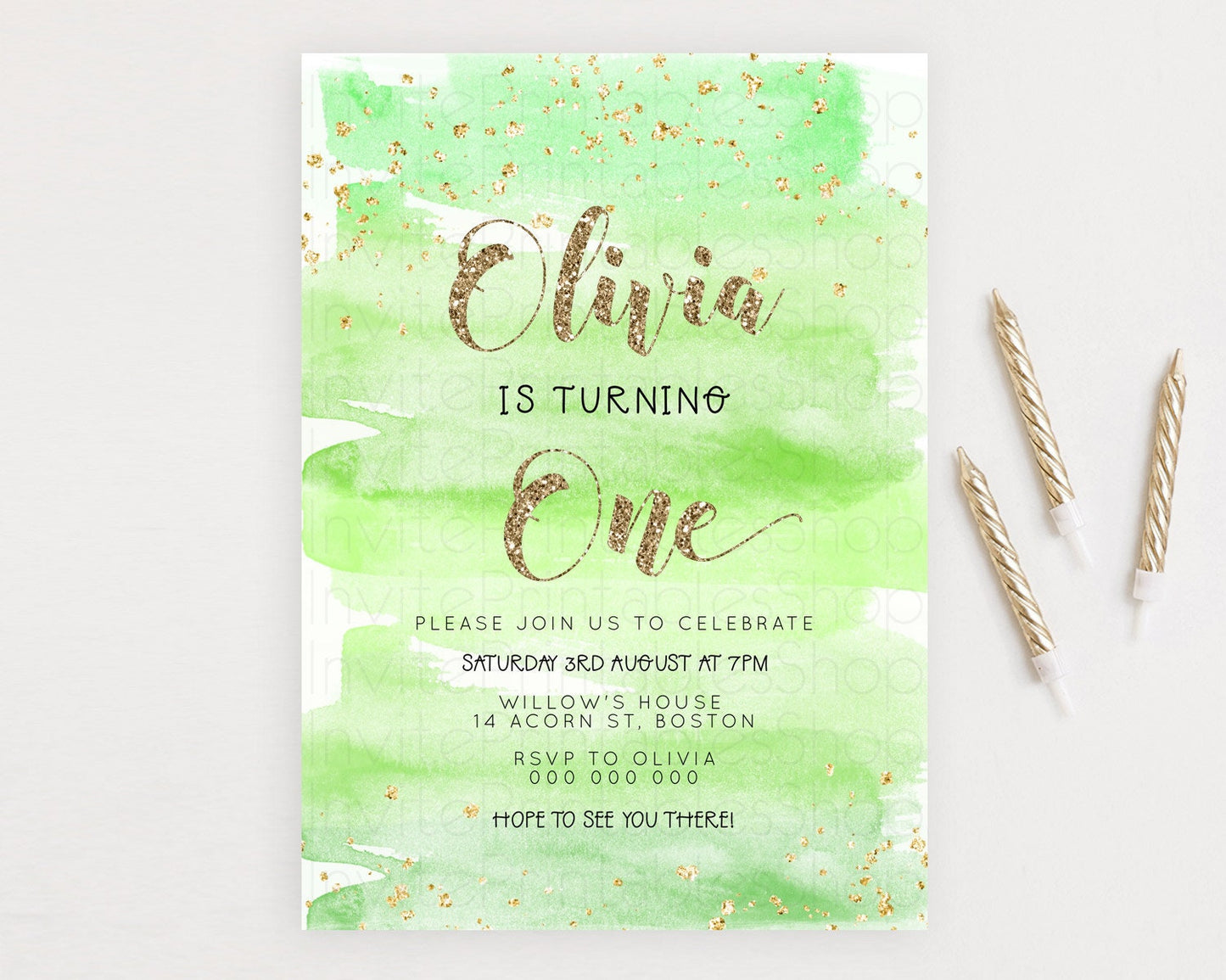 Green Birthday Invitation green Watercolor Invitation Pastel green Watercolor Invitation green Splash Gold Invitation First Birthday D23281