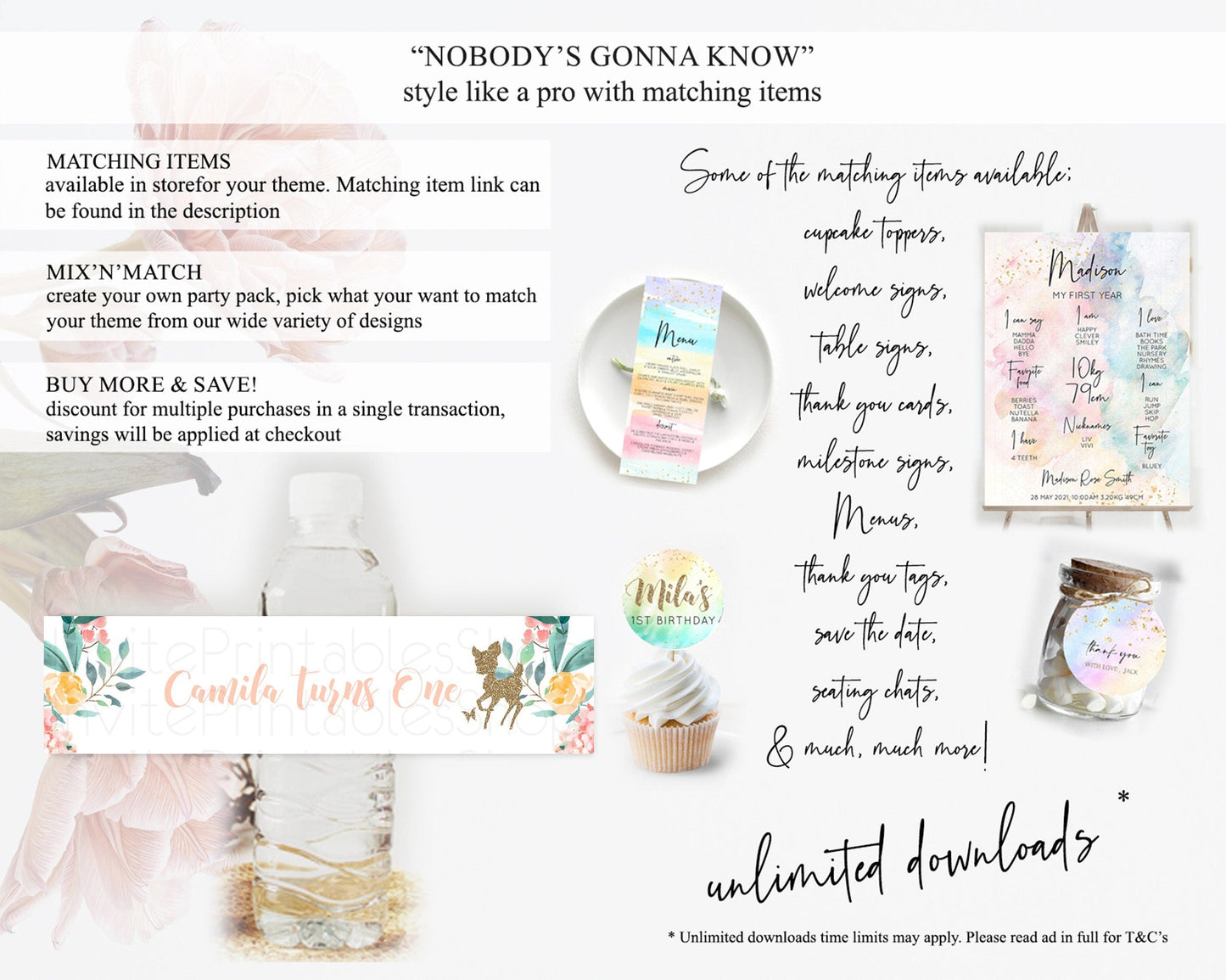 Fawn Deer Water Label Template Pastel Floral Deer Enchanted Forest Butterfly Party Decor Birthday Baptism Baby Shower Bridal Shower D10874