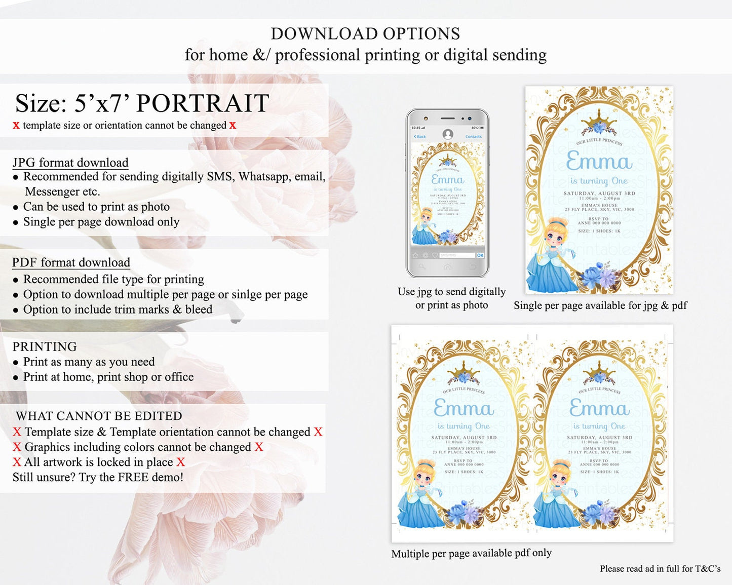 Princess Birthday Invitation Castle Invitation Royal Birthday Fairy Tale Enchanted Mirror Pastel Floral Garden 1st First Birthday D10132